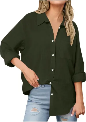 Women's Fashion Solid Cotton Linen Turndown Button Long Sleeve Shirts Summer Casual Loose Office Business Tops 2025