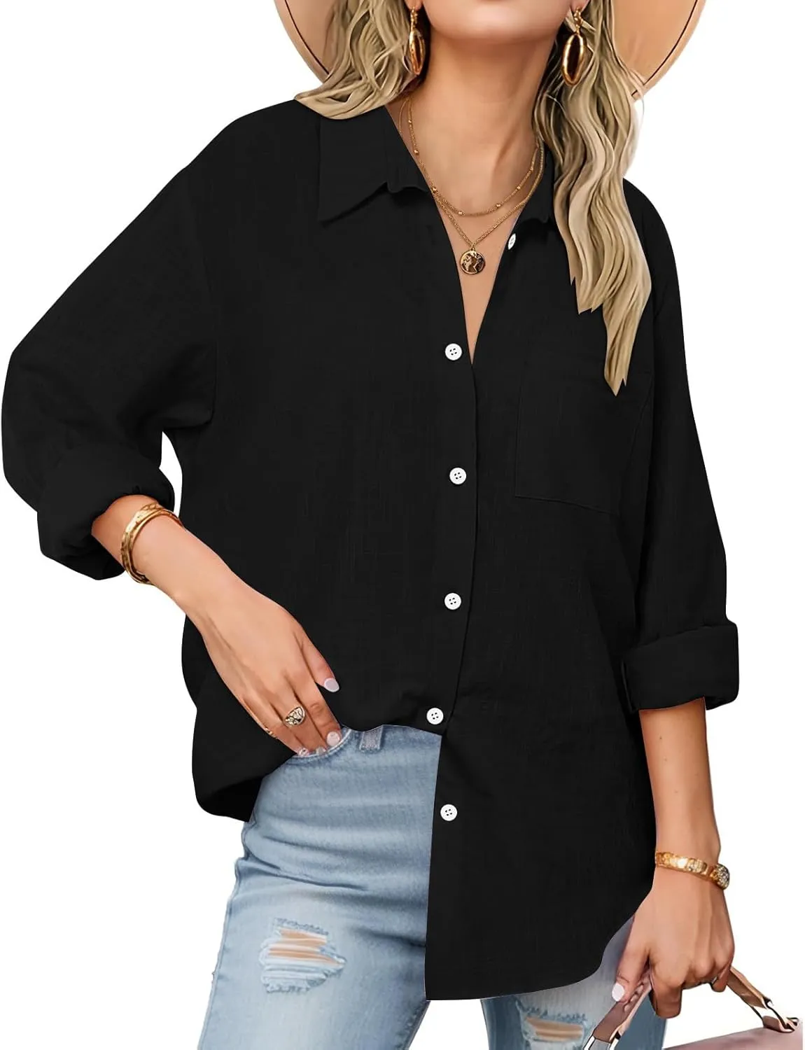 Women's Fashion Solid Cotton Linen Turndown Button Long Sleeve Shirts Summer Casual Loose Office Business Tops 2025