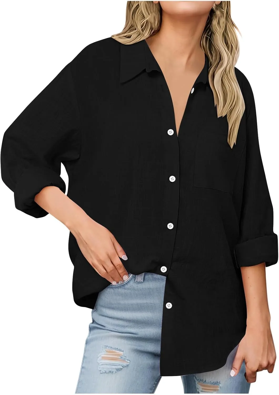 Women's Fashion Solid Cotton Linen Turndown Button Long Sleeve Shirts Summer Casual Loose Office Business Tops 2025