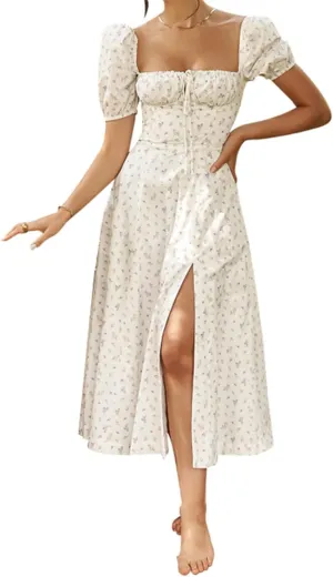 Womens Floral Dress Puff Sleeve Maxi Dress Sexy Square Neck Hem Split A-Line Beach Dresses Fashion Vacation Sundress