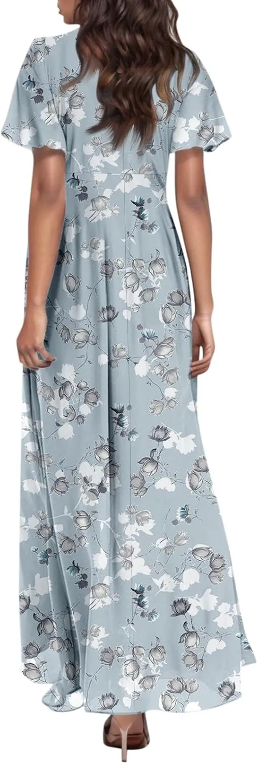 Womens Floral Maxi Dresses Casual Summer Ruffle Sleeve V Neck Dress Trendy Flowy Wrap Long Dress Chiffon Beach Dresses