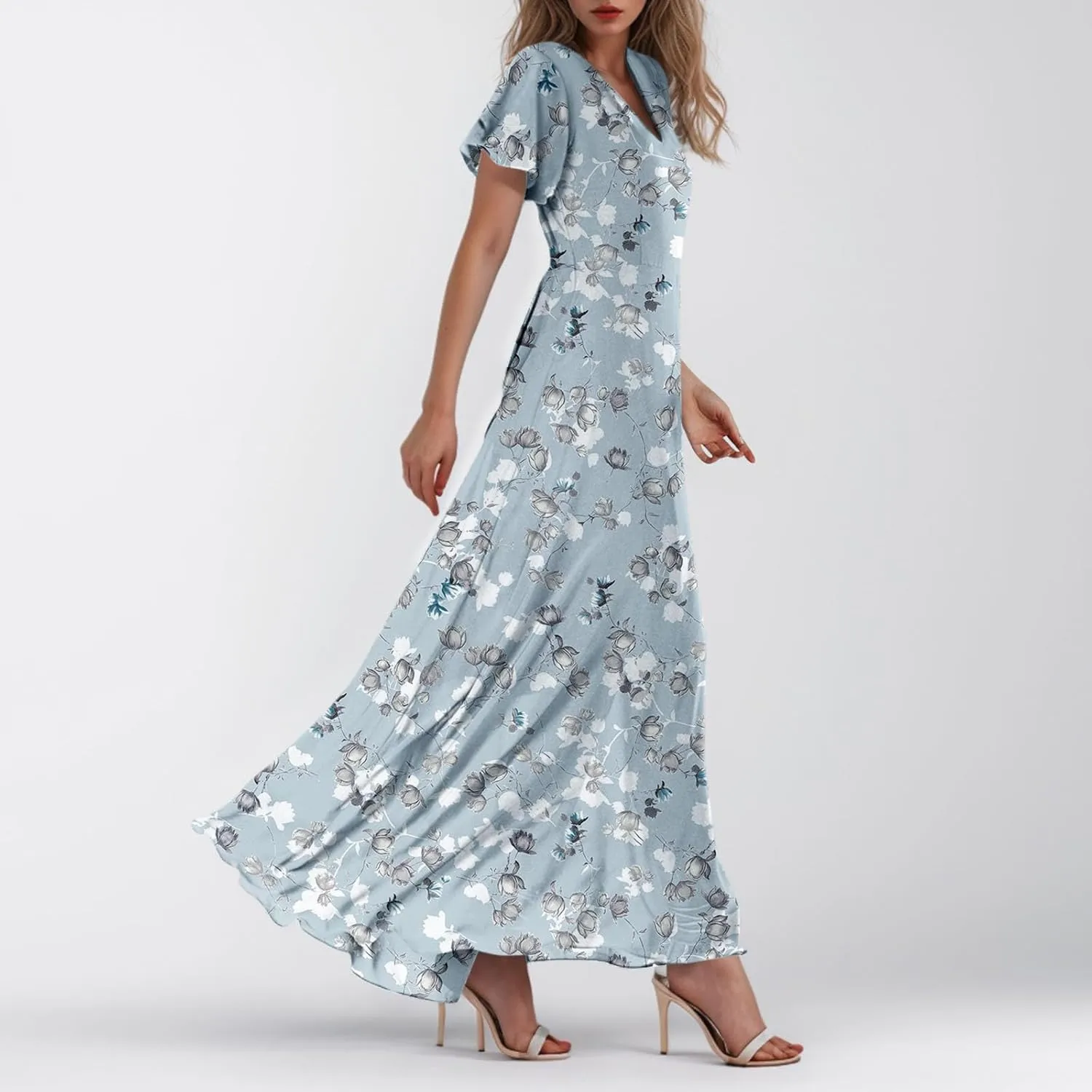 Womens Floral Maxi Dresses Casual Summer Ruffle Sleeve V Neck Dress Trendy Flowy Wrap Long Dress Chiffon Beach Dresses
