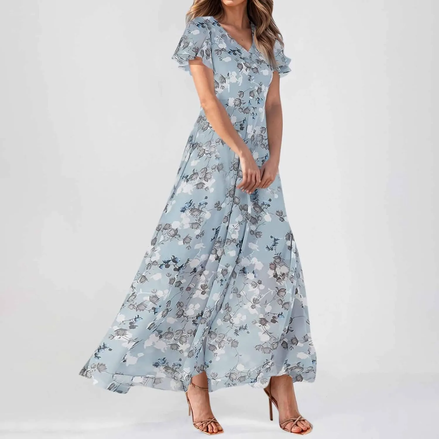 Womens Floral Maxi Dresses Casual Summer Ruffle Sleeve V Neck Dress Trendy Flowy Wrap Long Dress Chiffon Beach Dresses