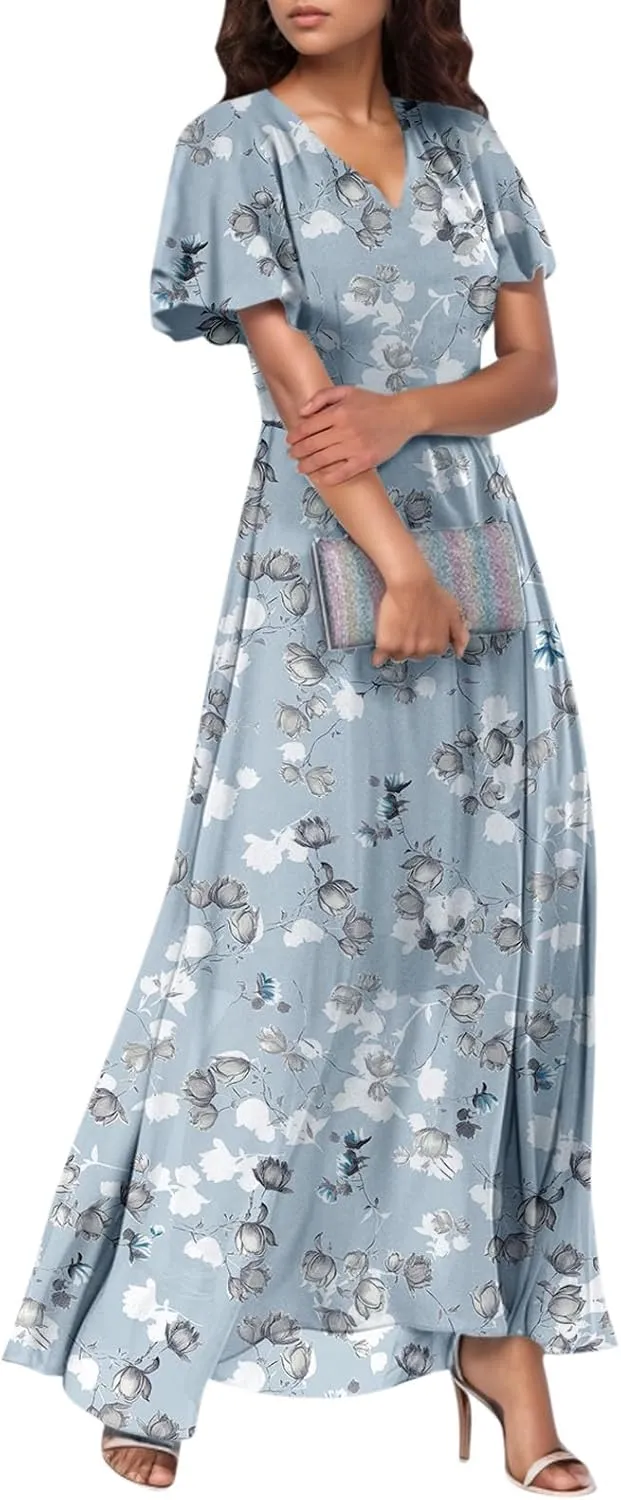 Womens Floral Maxi Dresses Casual Summer Ruffle Sleeve V Neck Dress Trendy Flowy Wrap Long Dress Chiffon Beach Dresses