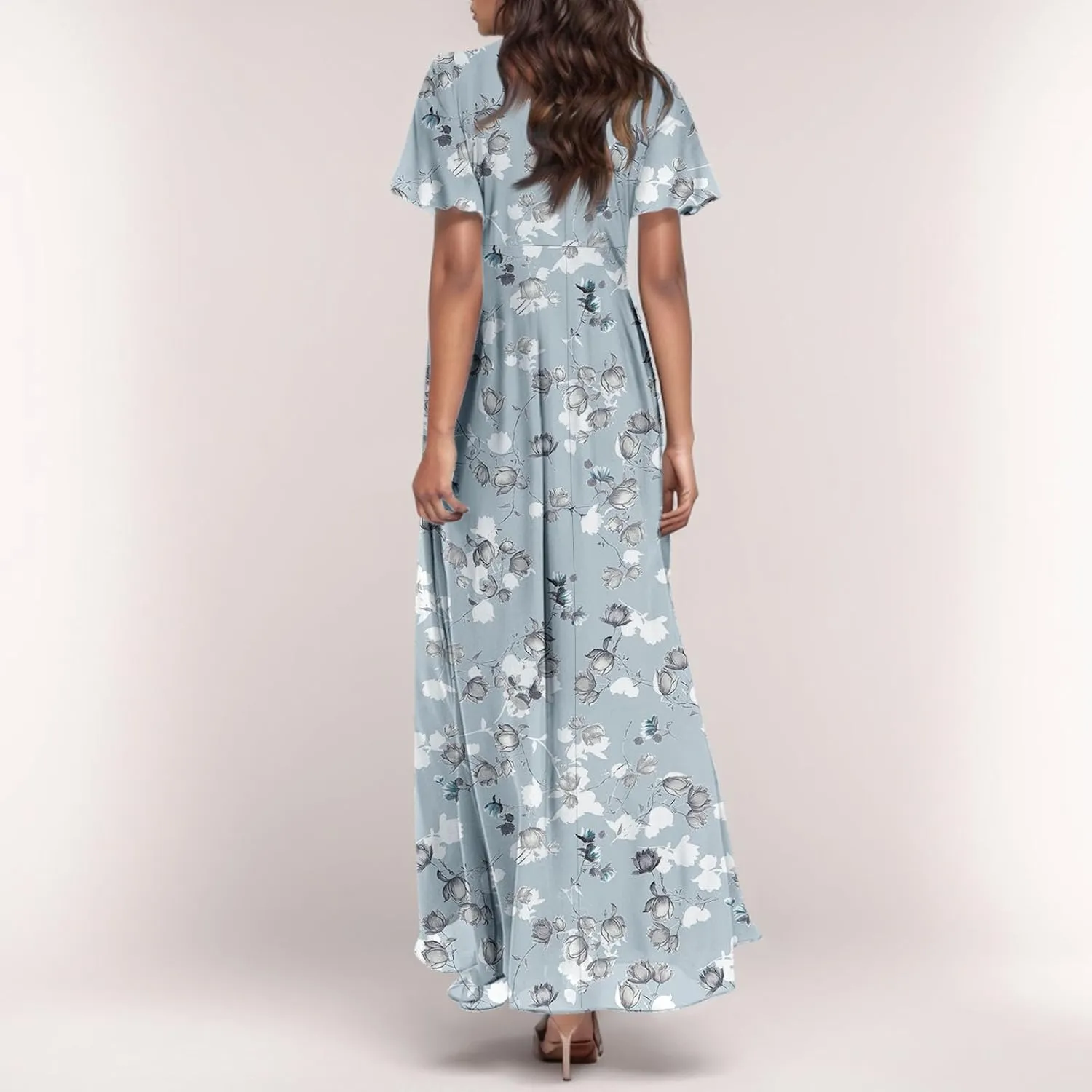 Womens Floral Maxi Dresses Casual Summer Ruffle Sleeve V Neck Dress Trendy Flowy Wrap Long Dress Chiffon Beach Dresses