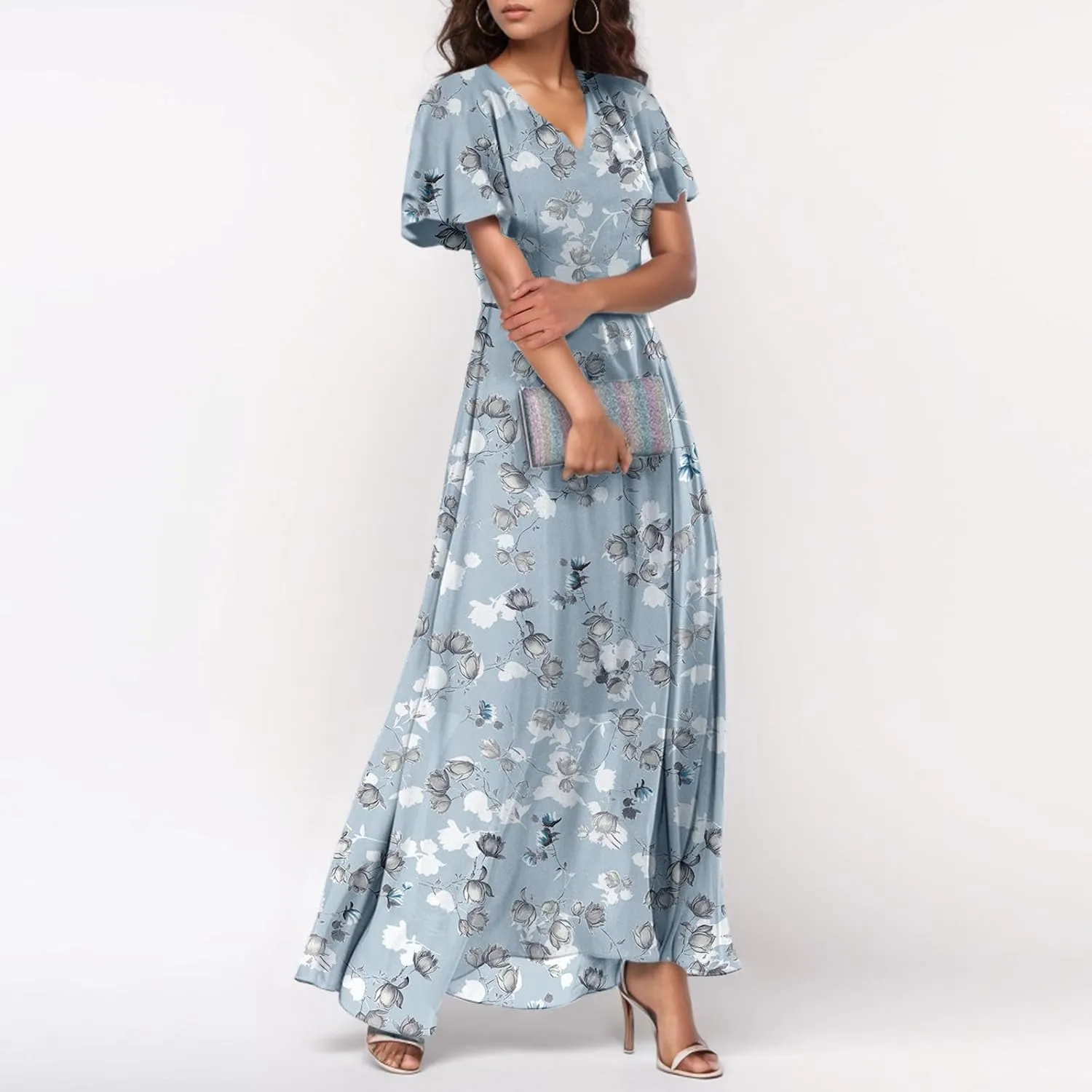 Womens Floral Maxi Dresses Casual Summer Ruffle Sleeve V Neck Dress Trendy Flowy Wrap Long Dress Chiffon Beach Dresses