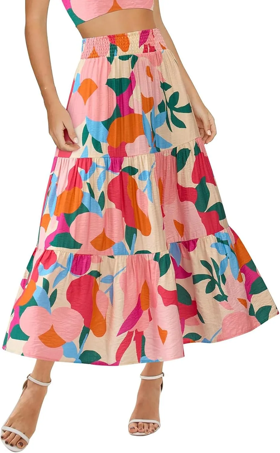 Women's Floral Print Midi Maxi Skirts: 2025 Summer Casual Aline Elastic High Waist Pleated Flowy Long Skirt Pockets