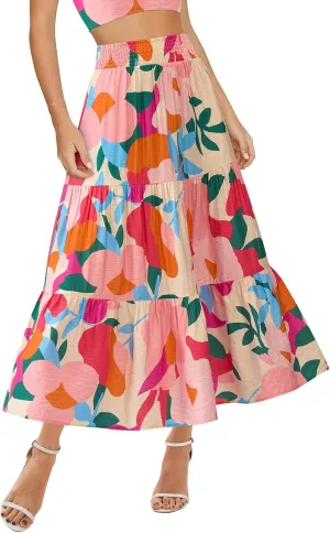 Women's Floral Print Midi Maxi Skirts: 2025 Summer Casual Aline Elastic High Waist Pleated Flowy Long Skirt Pockets