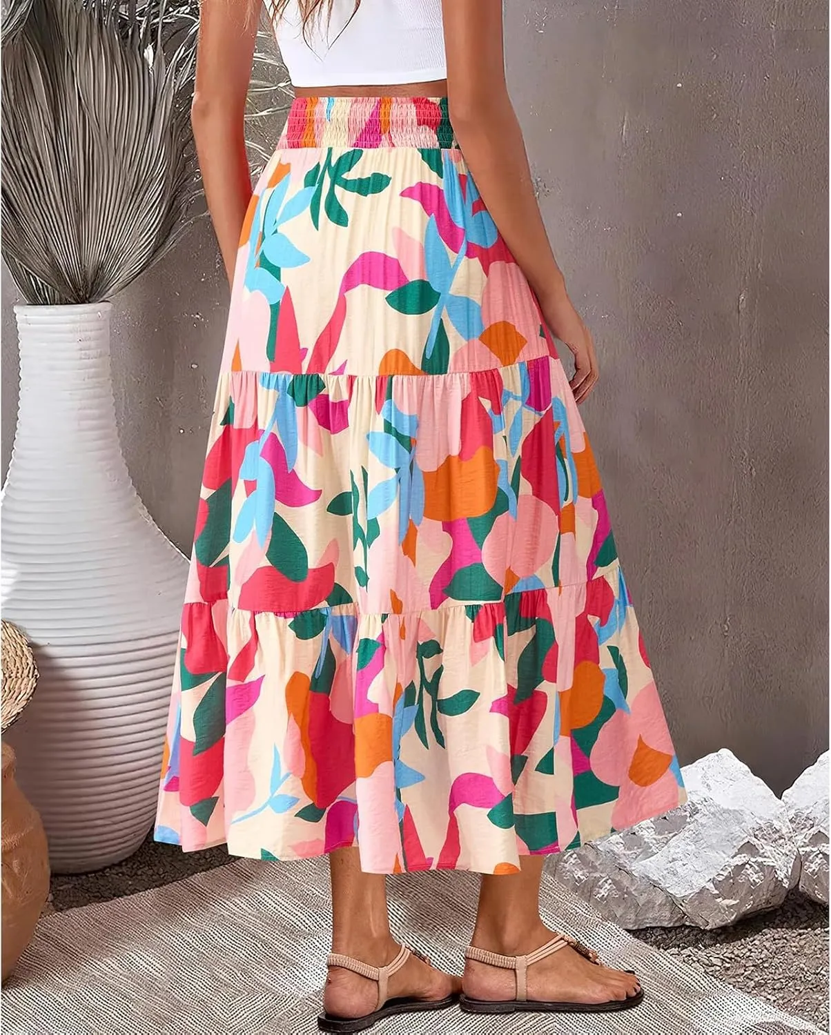 Women's Floral Print Midi Maxi Skirts: 2025 Summer Casual Aline Elastic High Waist Pleated Flowy Long Skirt Pockets