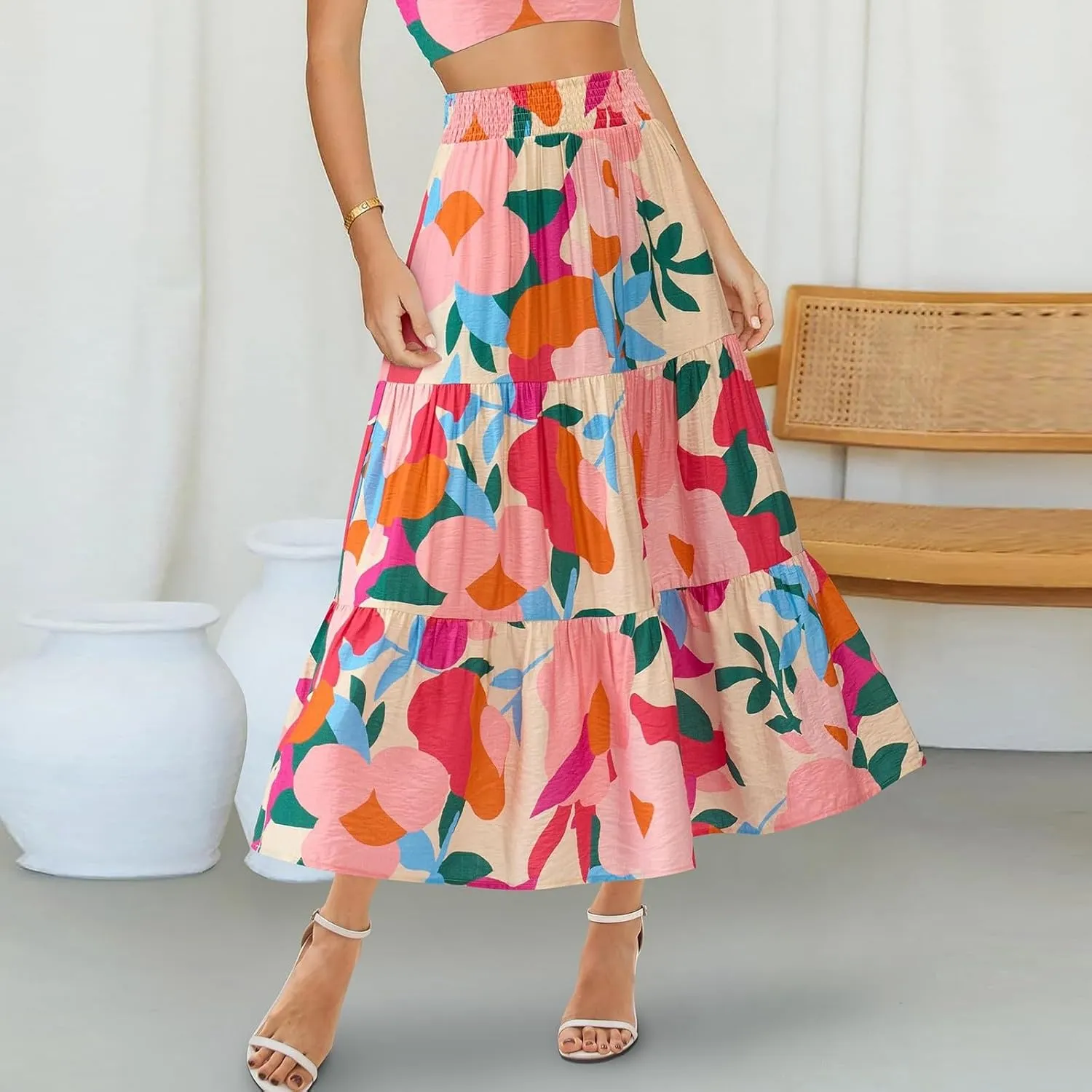 Women's Floral Print Midi Maxi Skirts: 2025 Summer Casual Aline Elastic High Waist Pleated Flowy Long Skirt Pockets