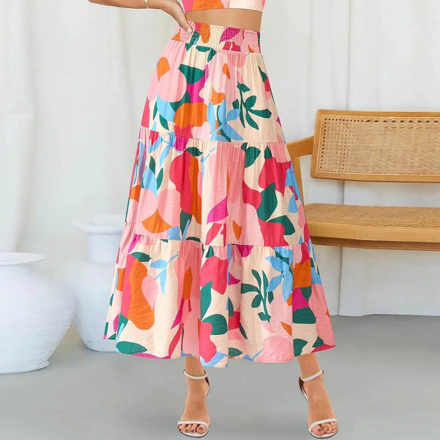 Women's Floral Print Midi Maxi Skirts- 2025 Summer Casual Aline Elastic High Waist Pleated Flowy Long Skirt Pockets
