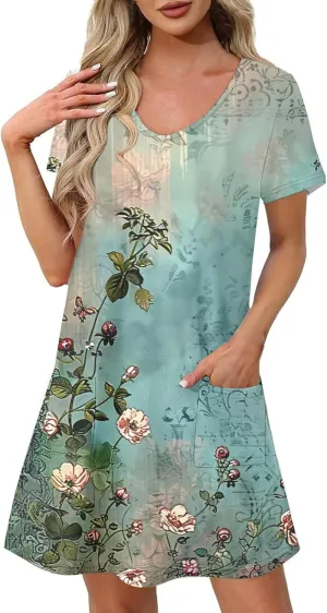 Women's Floral Printed Summer Dresses 2025 Trendy Casual Short Dress V Neck Loose Flowy Spring Dress