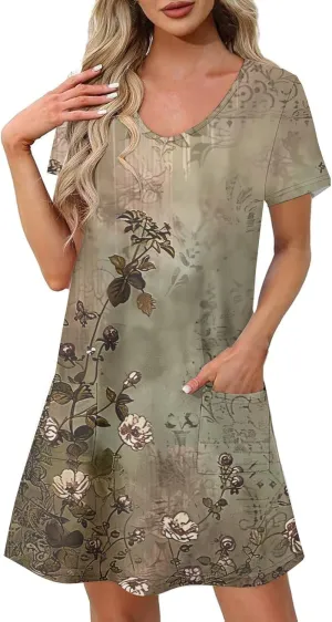 Women's Floral Printed Summer Dresses 2025 Trendy Casual Short Dress V Neck Loose Flowy Spring Dress