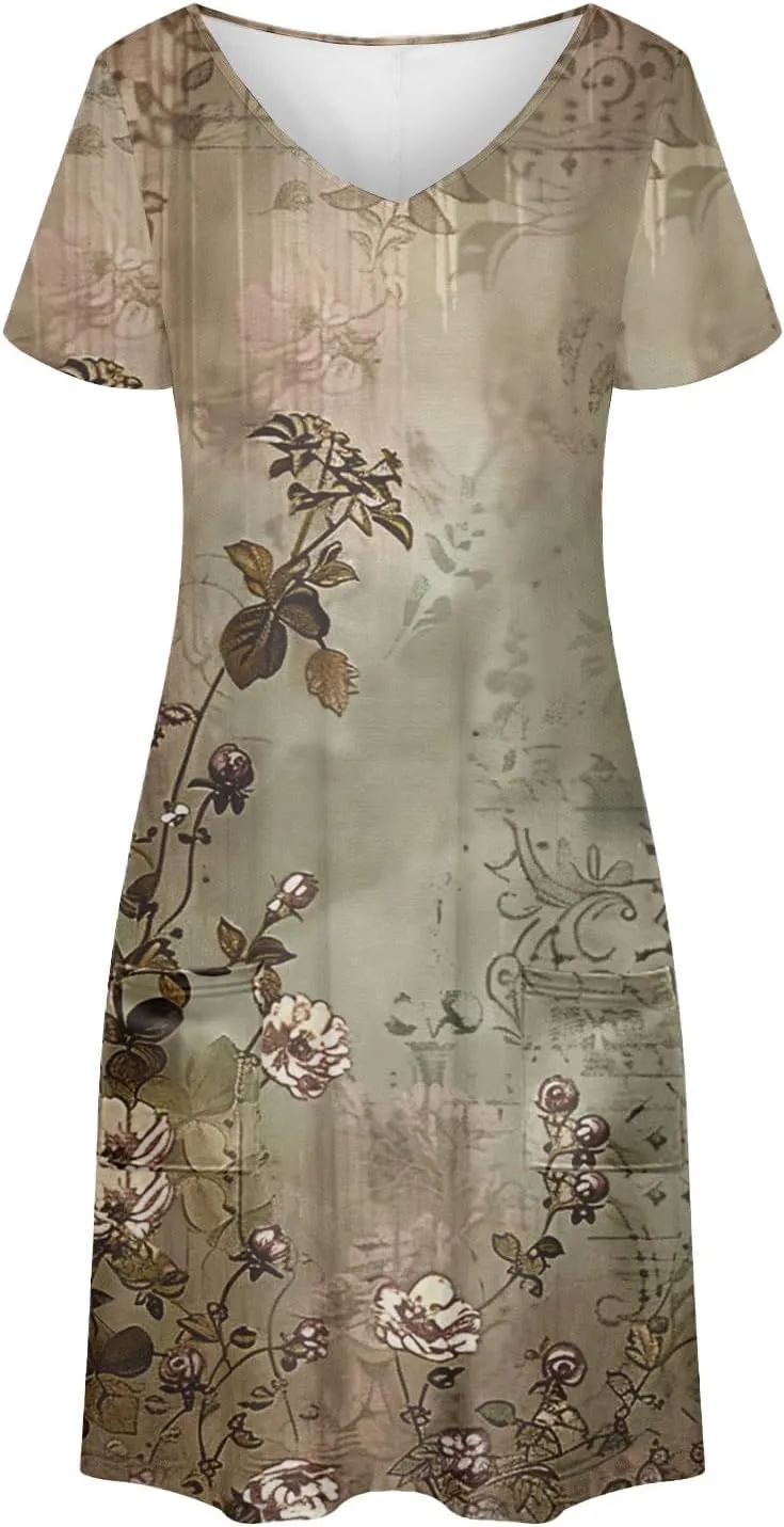Women's Floral Printed Summer Dresses 2025 Trendy Casual Short Dress V Neck Loose Flowy Spring Dress