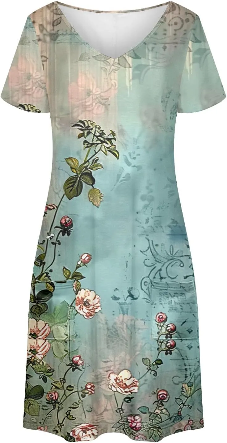 Women's Floral Printed Summer Dresses 2025 Trendy Casual Short Dress V Neck Loose Flowy Spring Dress