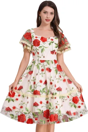 Women's Flower Embroidery Tulle Prom Dresses Ruffle Sleeve Square Neck Tulle Prom Dress Knee Length Cocktail Tea Dress