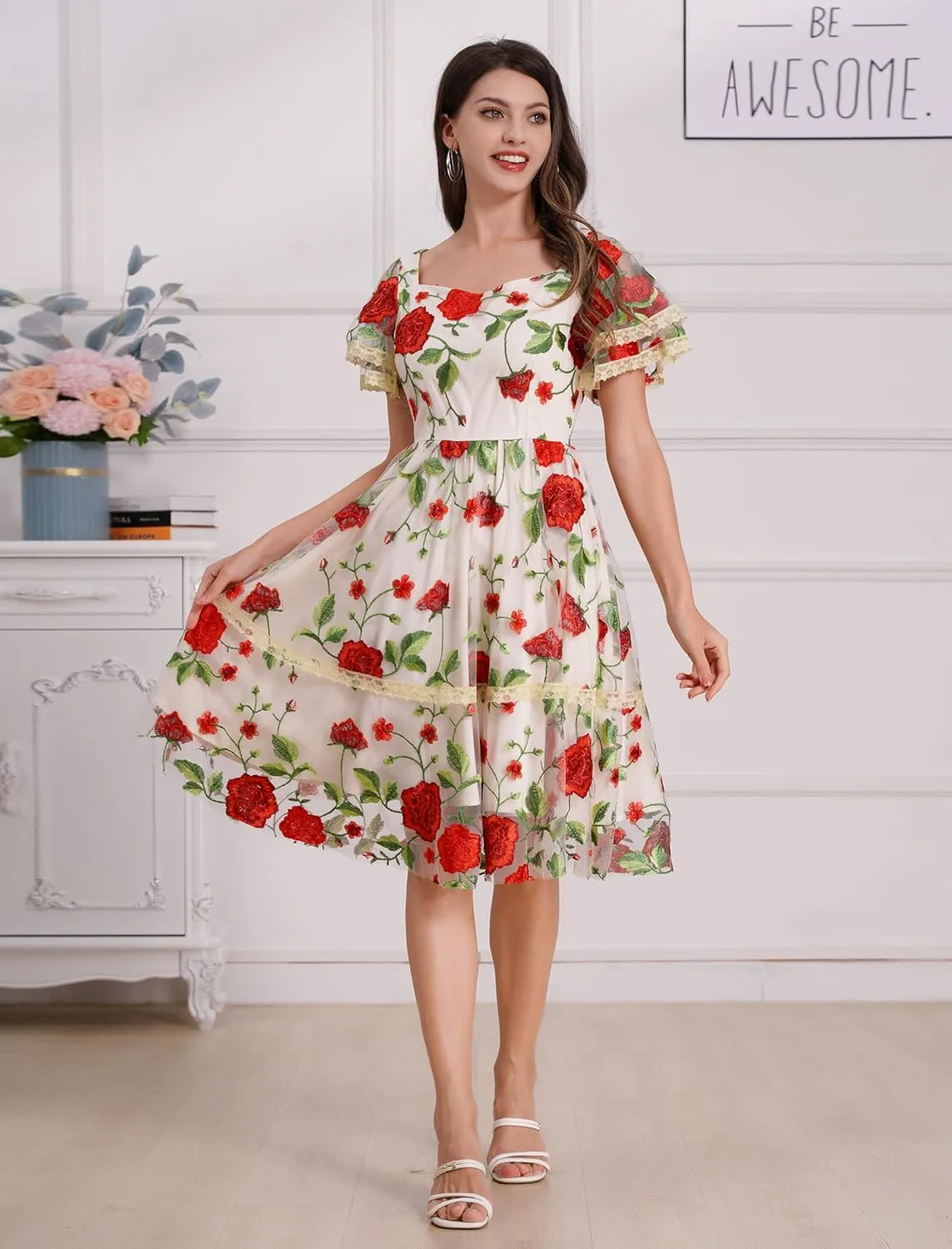 Women's Flower Embroidery Tulle Prom Dresses Ruffle Sleeve Square Neck Tulle Prom Dress Knee Length Cocktail Tea Dress