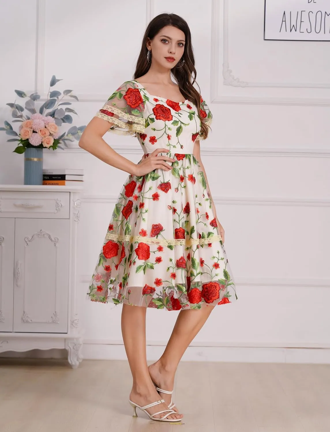 Women's Flower Embroidery Tulle Prom Dresses Ruffle Sleeve Square Neck Tulle Prom Dress Knee Length Cocktail Tea Dress
