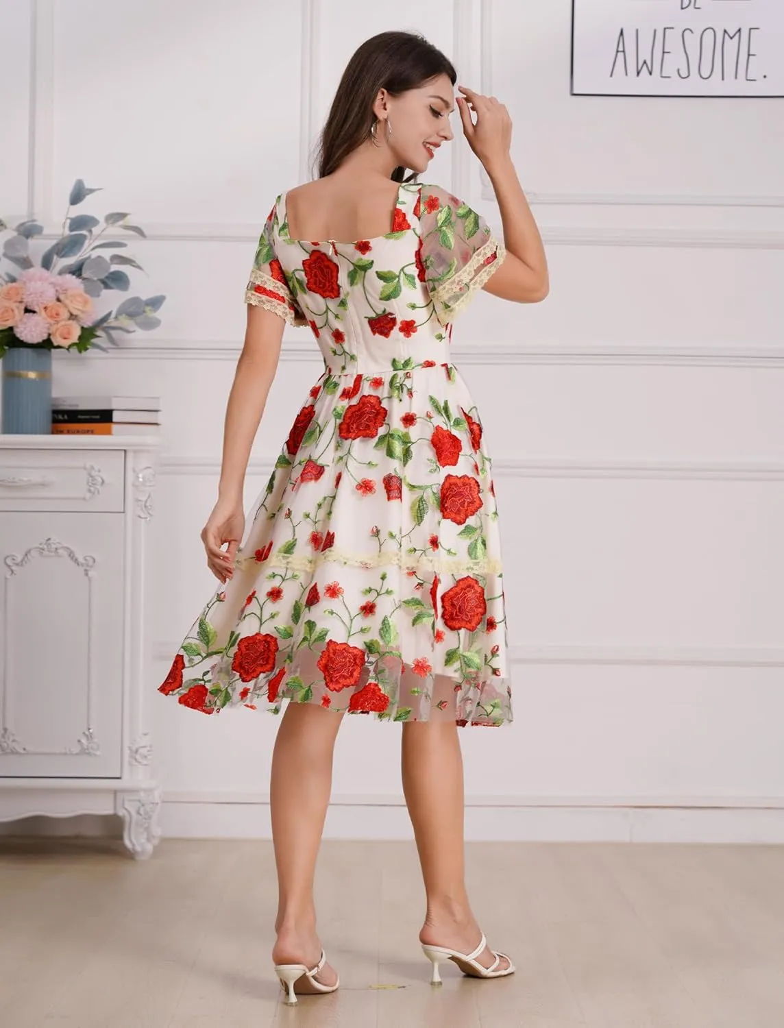 Women's Flower Embroidery Tulle Prom Dresses Ruffle Sleeve Square Neck Tulle Prom Dress Knee Length Cocktail Tea Dress
