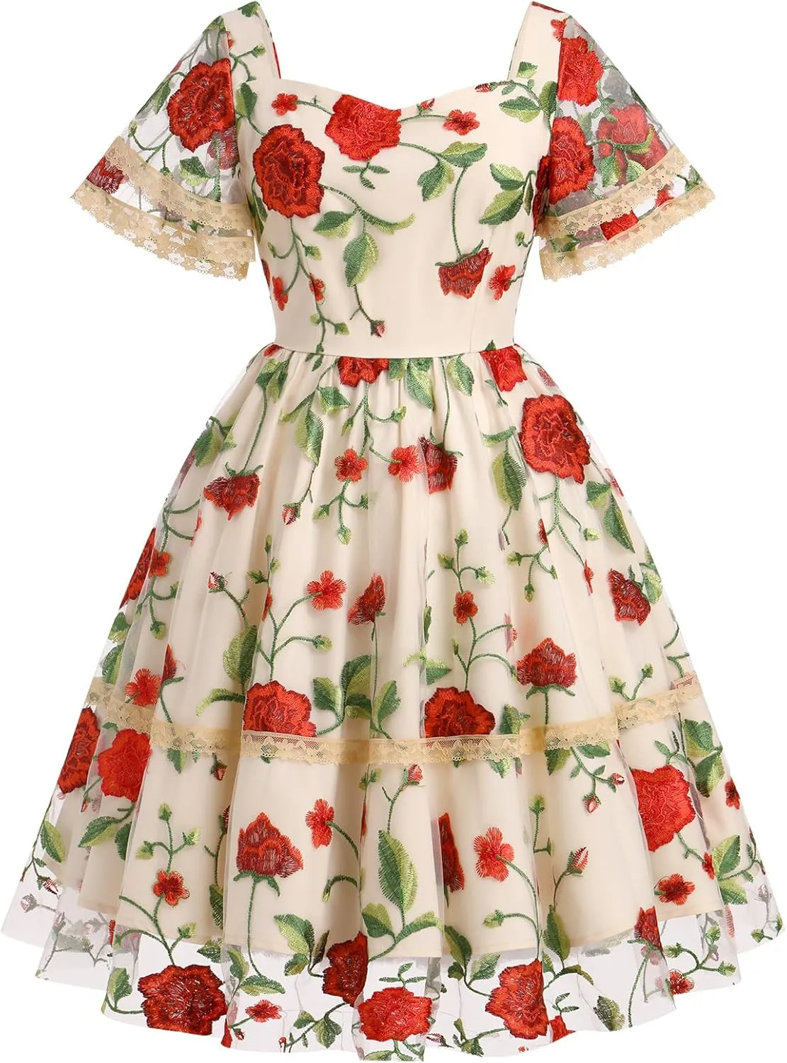 Women's Flower Embroidery Tulle Prom Dresses Ruffle Sleeve Square Neck Tulle Prom Dress Knee Length Cocktail Tea Dress