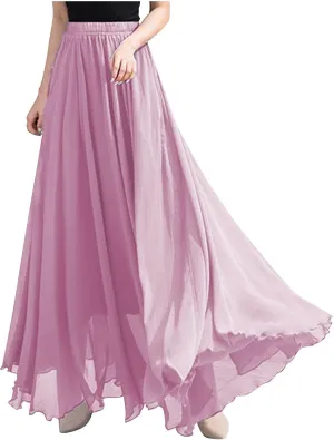 Womens Flowy Chiffon Maxi Skirts Summer Elastic High Waisted Layered Beach Skorts Solid Color Fashion Elegant Skirt