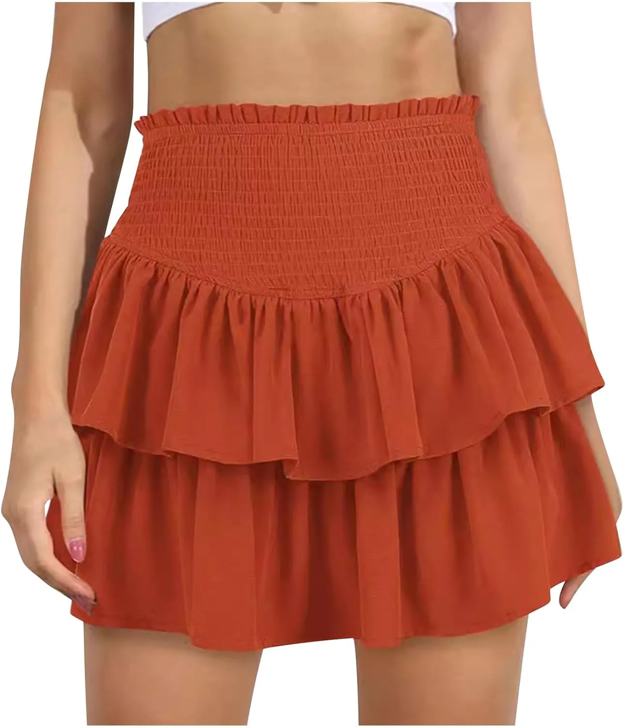 Women's High Waisted Active Short Skirts Layered Ruffle Pleated Stretch Waist Gym Workout Mini Skirt