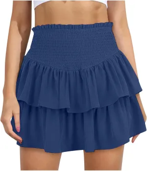Women's High Waisted Active Short Skirts Layered Ruffle Pleated Stretch Waist Gym Workout Mini Skirt