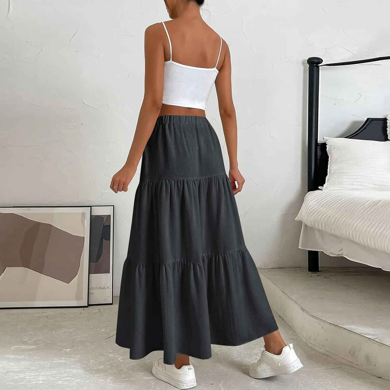 Womens High Waisted Basic Maxi Skirts 2025 Pleated Elastic Waist A-Line Skirt Trendy Summer Flowy Swing Long Skirts