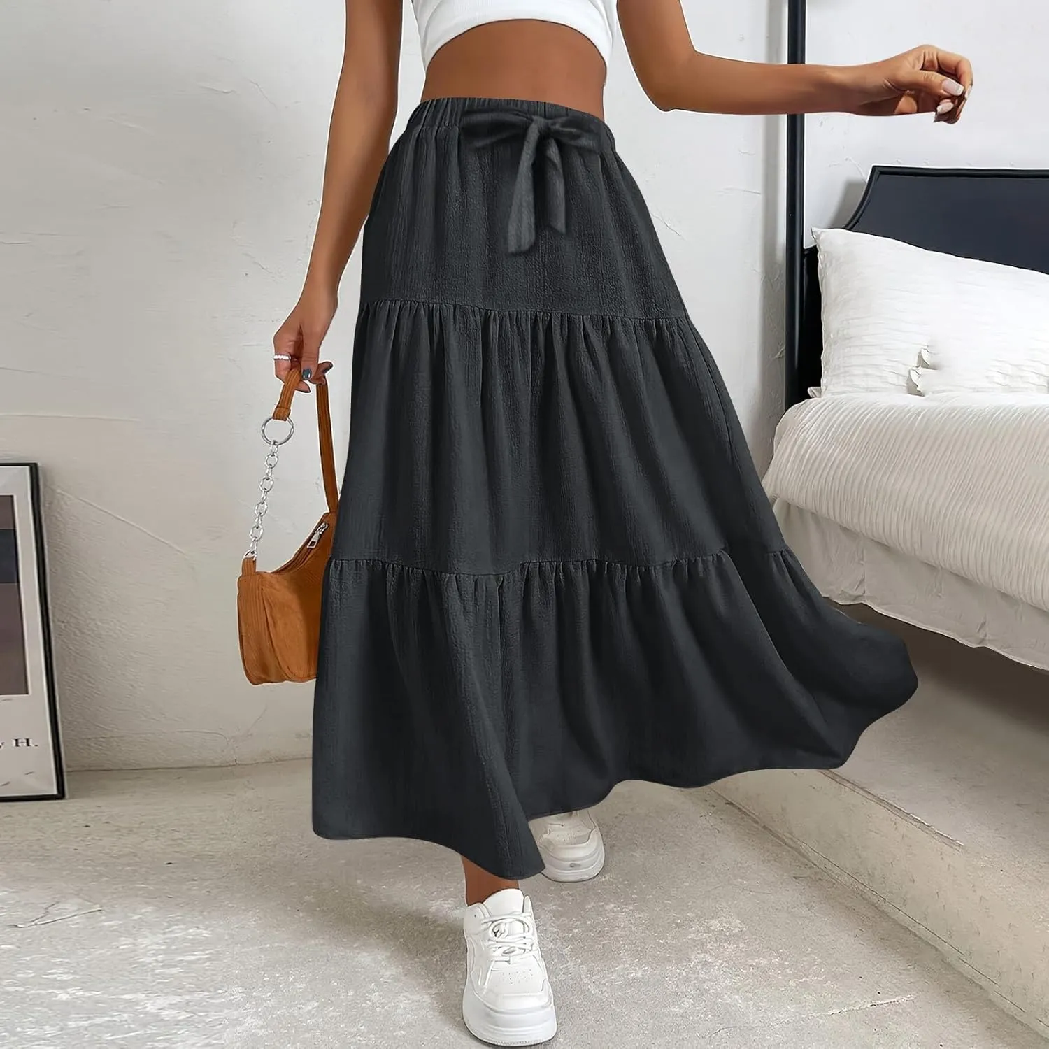 Womens High Waisted Basic Maxi Skirts 2025 Pleated Elastic Waist A-Line Skirt Trendy Summer Flowy Swing Long Skirts