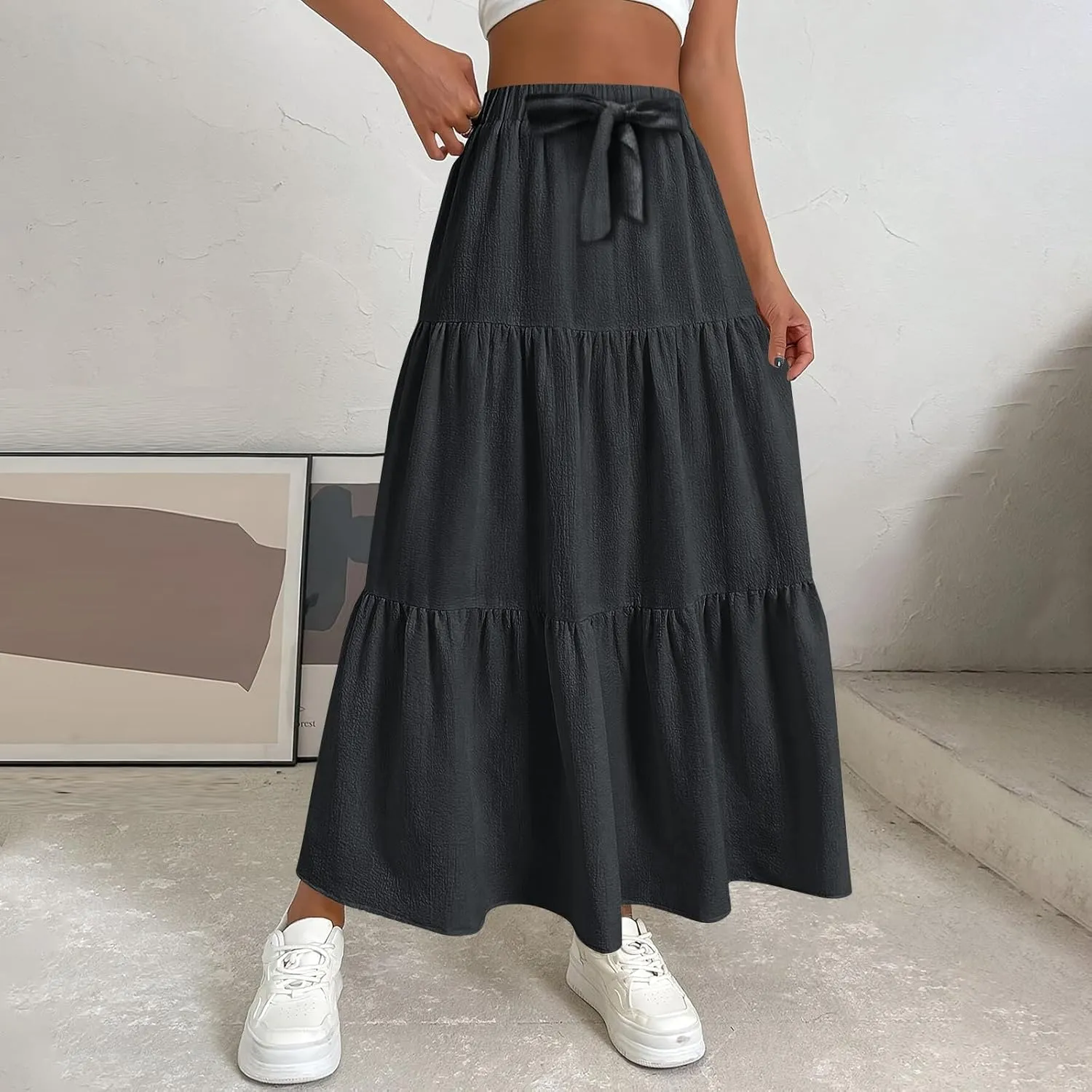 Womens High Waisted Basic Maxi Skirts 2025 Pleated Elastic Waist A-Line Skirt Trendy Summer Flowy Swing Long Skirts