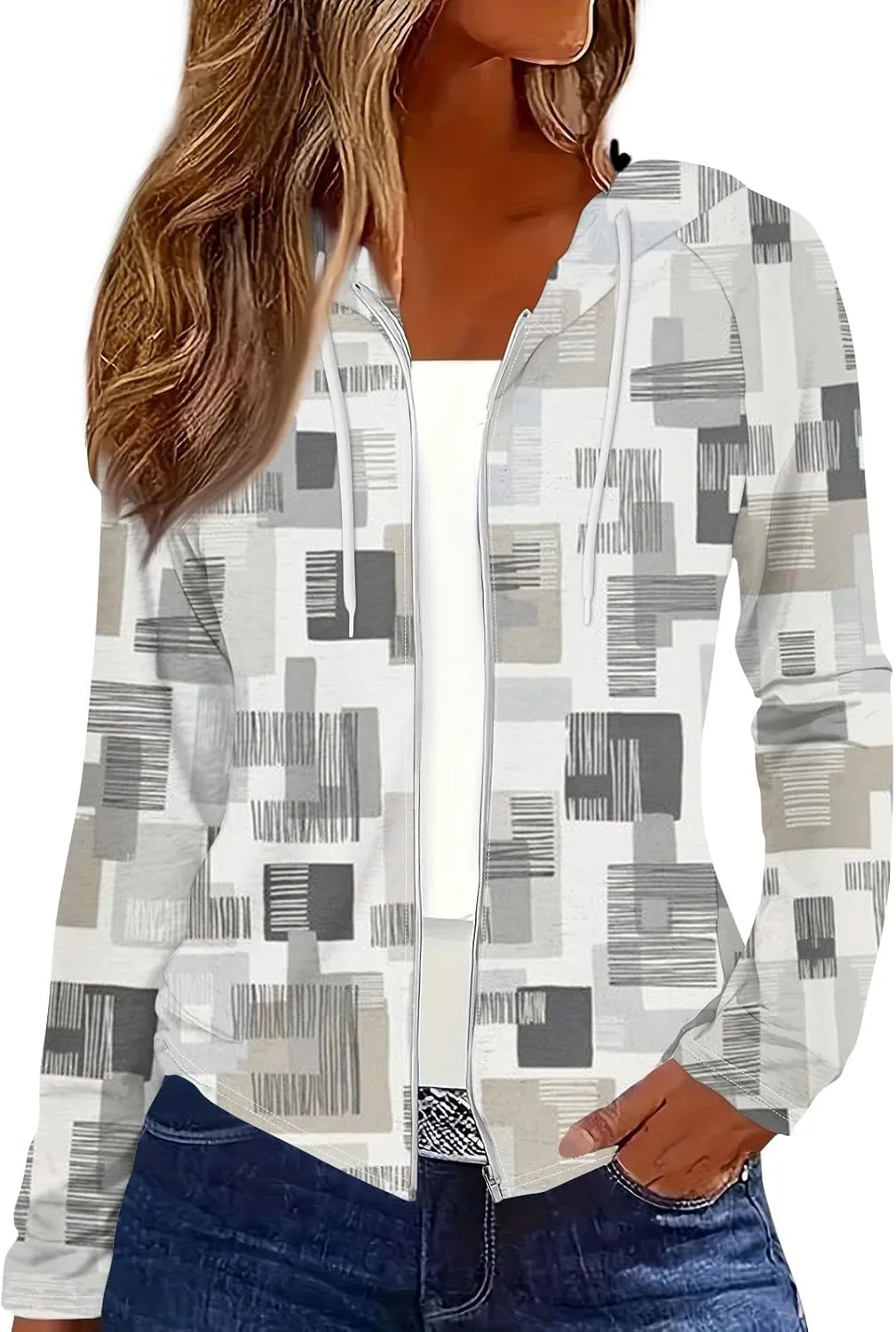 Womens Hoodie Fashion Print Zip up Jackets for Women Casual Long Sleeve Loose Sweatshirts Coat