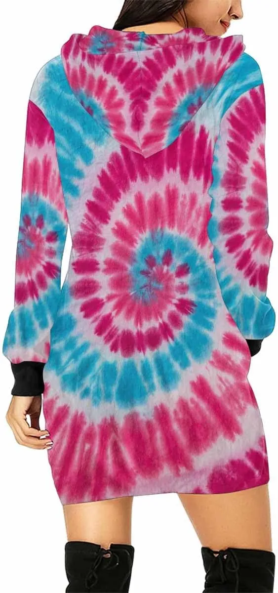 Womens Hoodies Bright Summer Zig Zag Tie Dye Bleed Womens Sweatshirt Dress Long Sleeve Hoodies Mini Dresses Casual Hoodie
