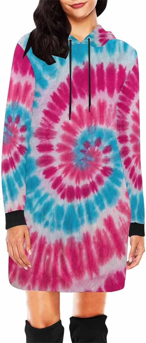 Womens Hoodies Bright Summer Zig Zag Tie Dye Bleed Womens Sweatshirt Dress Long Sleeve Hoodies Mini Dresses Casual Hoodie