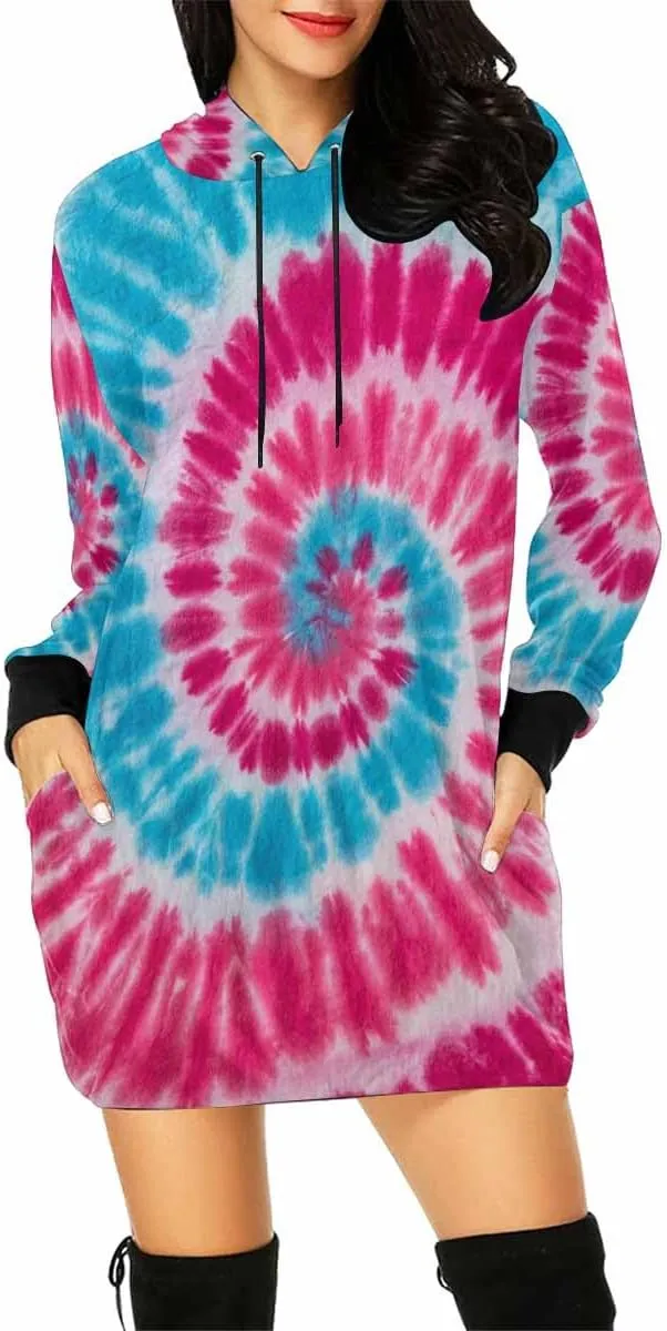 Womens Hoodies Bright Summer Zig Zag Tie Dye Bleed Womens Sweatshirt Dress Long Sleeve Hoodies Mini Dresses Casual Hoodie