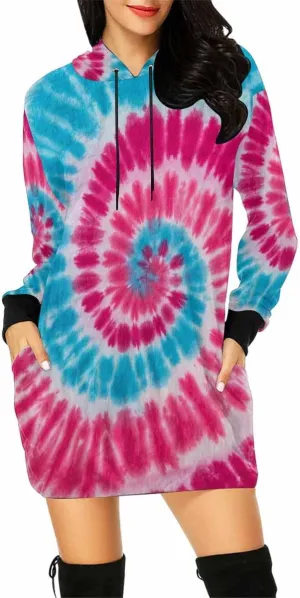 Womens Hoodies Bright Summer Zig Zag Tie Dye Bleed Womens Sweatshirt Dress Long Sleeve Hoodies Mini Dresses Casual Hoodie