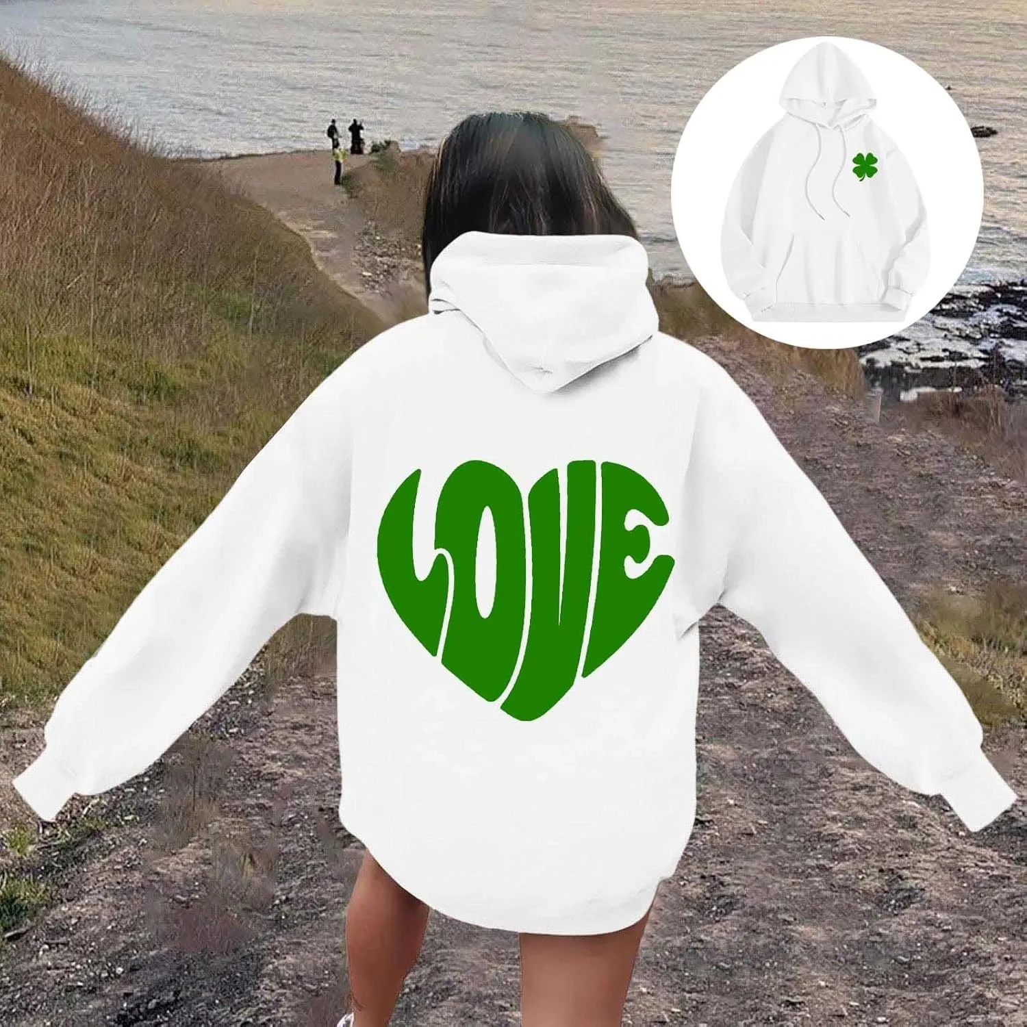 Women's Hoodies Heart Print Graphic Long Sleeve Oversized Sweatshirts Drawstring Pullover Top with Pockets