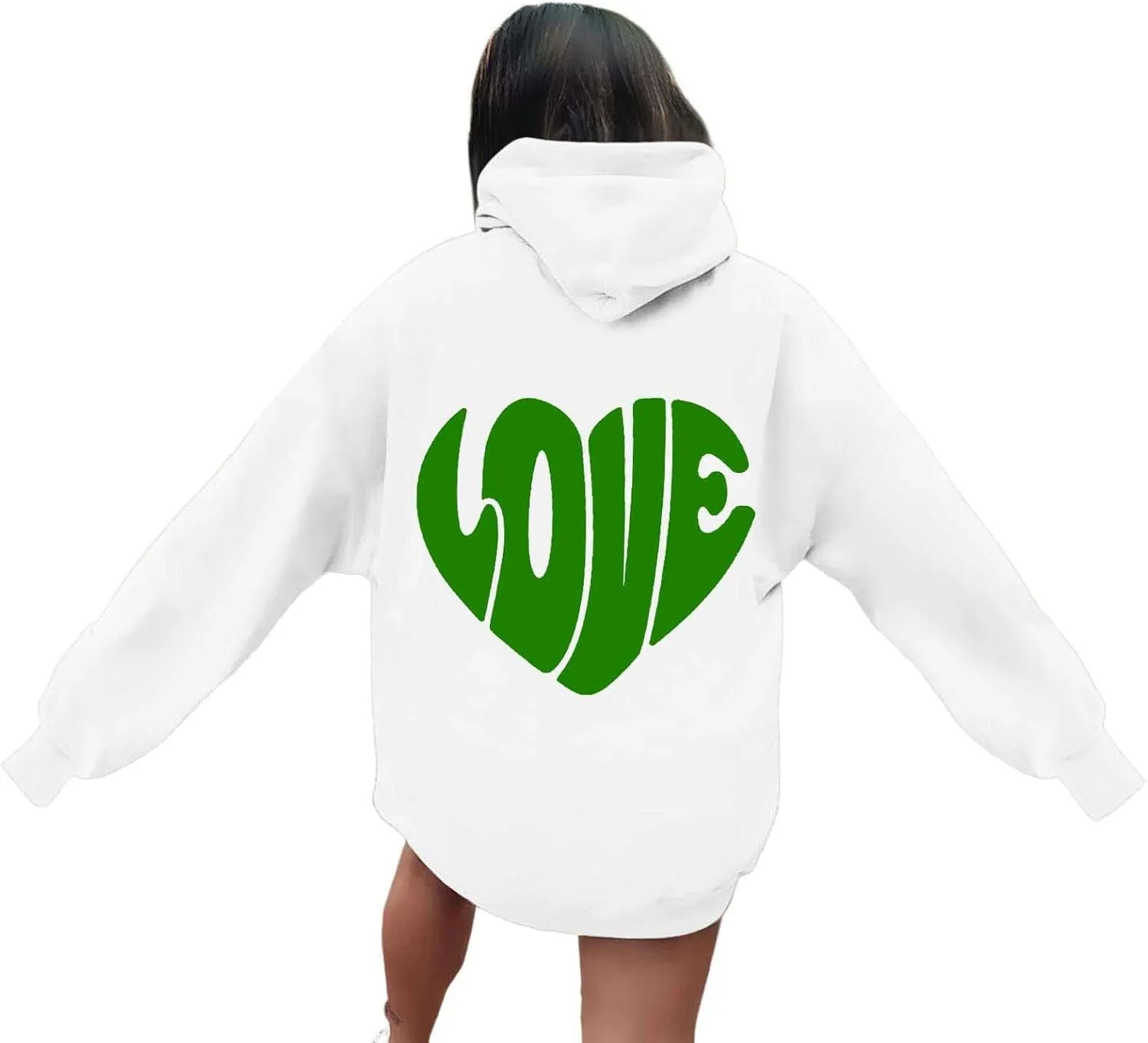 Women's Hoodies Heart Print Graphic Long Sleeve Oversized Sweatshirts Drawstring Pullover Top with Pockets
