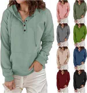 Womens Hoodies Pullover Button V Neck Sweatshirts 2024 Casual Long Sleeve Tops with Drawstring Sweatshirt
