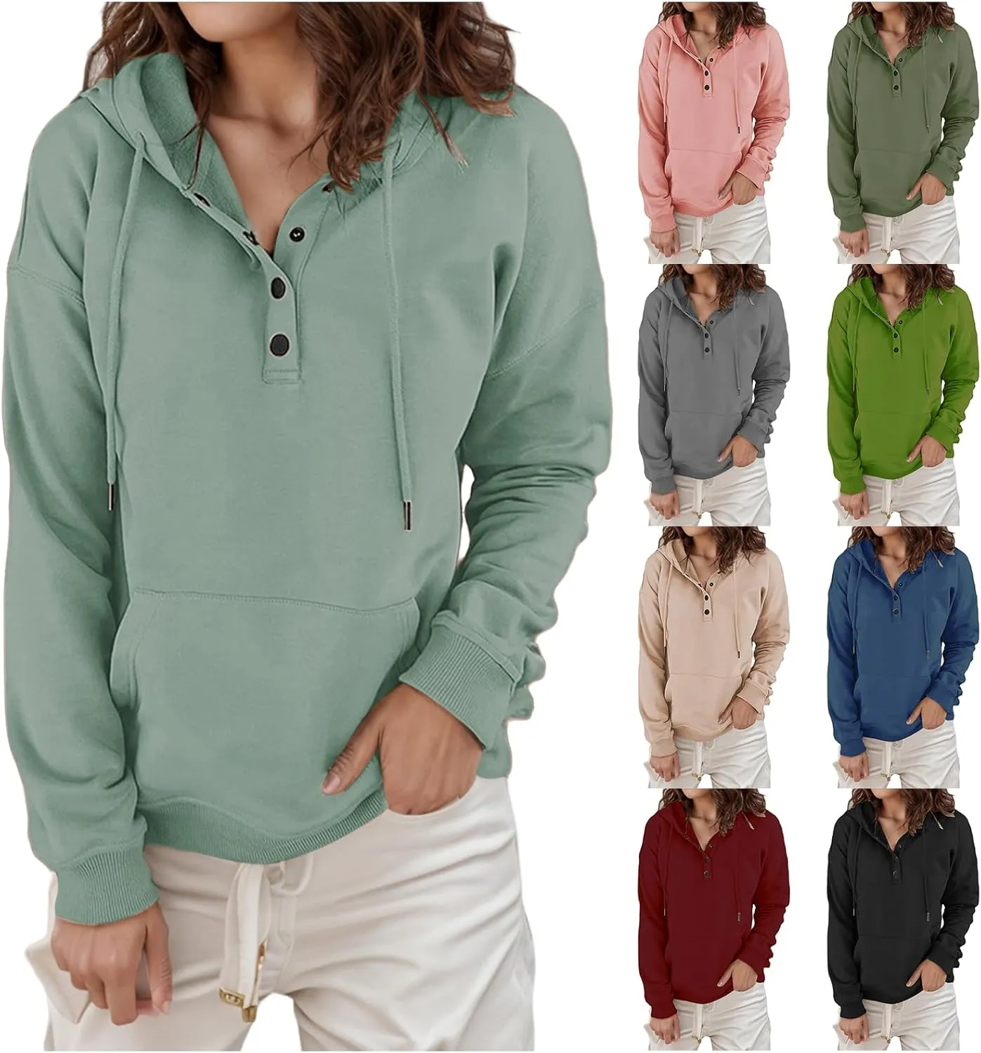 Womens Hoodies Pullover Button V Neck Sweatshirts 2024 Casual Long Sleeve Tops with Drawstring Sweatshirt