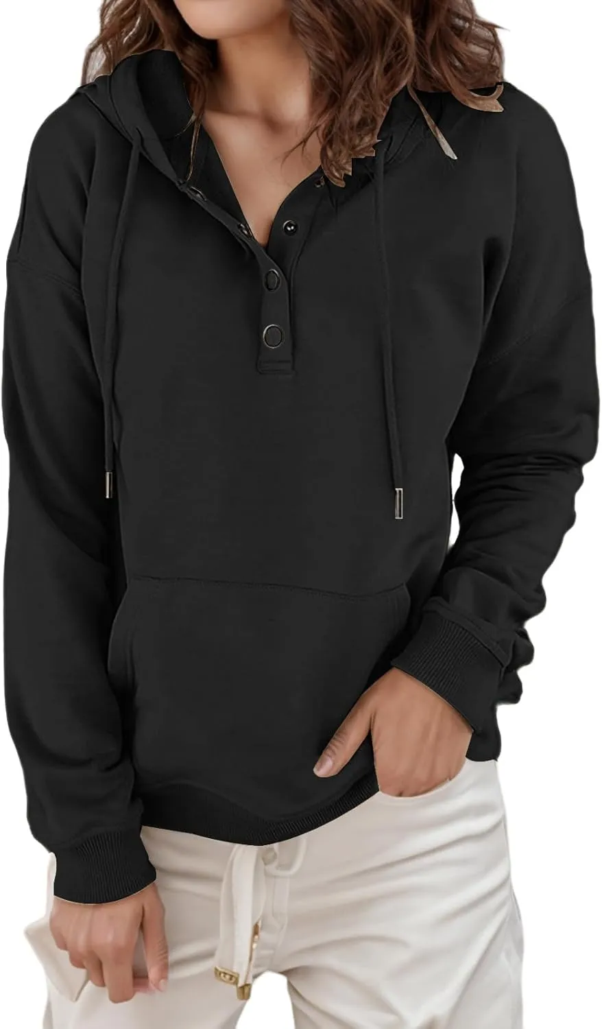 Womens Hoodies Pullover Button V Neck Sweatshirts 2024 Casual Long Sleeve Tops with Drawstring Sweatshirt