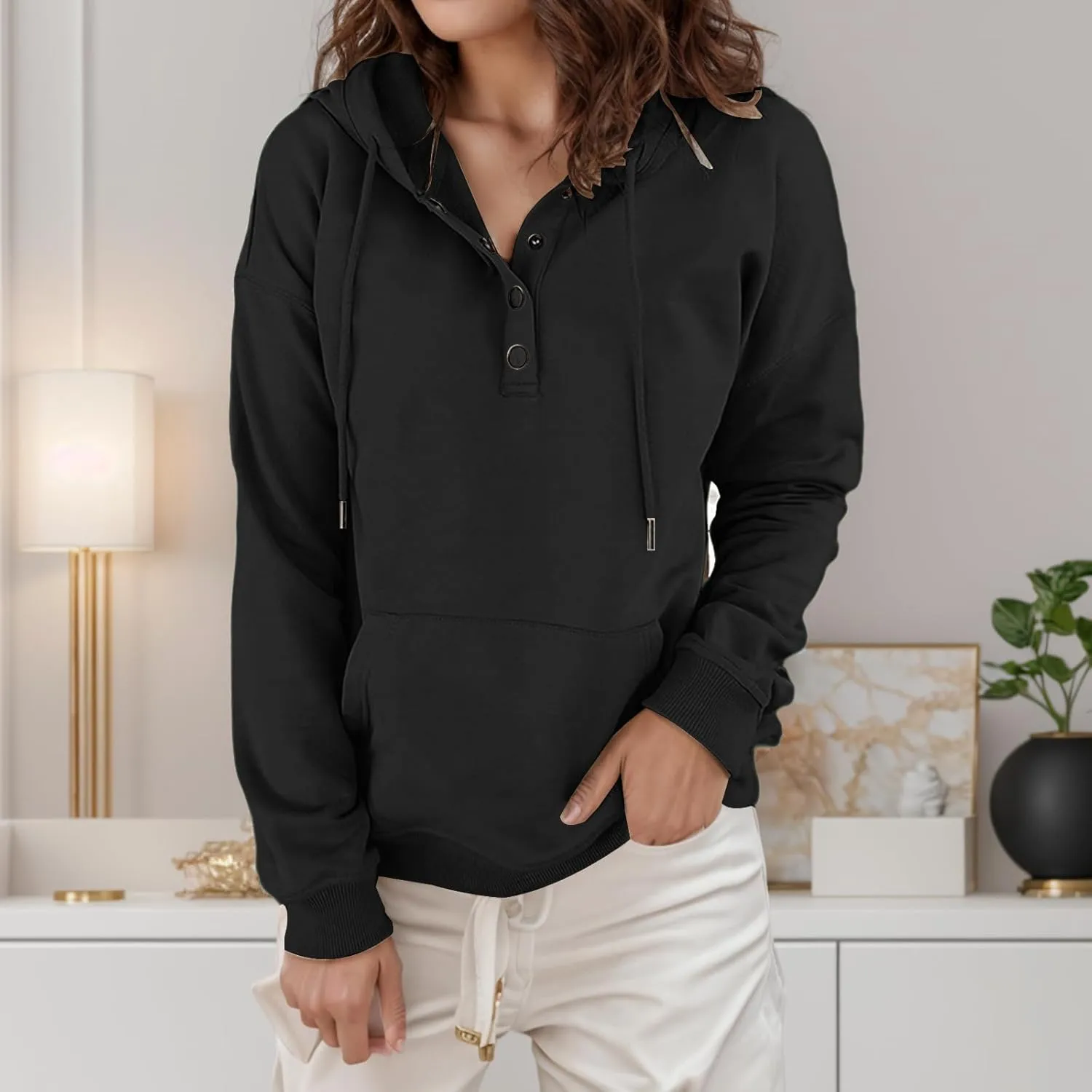 Womens Hoodies Pullover Button V Neck Sweatshirts 2024 Casual Long Sleeve Tops with Drawstring Sweatshirt
