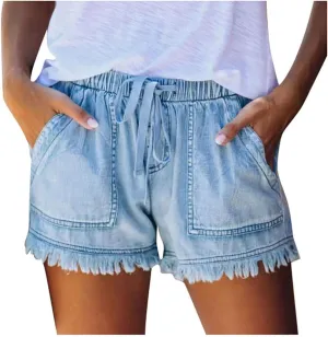 Women's Jean Shorts Stretchy High Waisted Crossover Sloping Waistband Denim Shorts Y2K Trendy Casual Summer Clothes