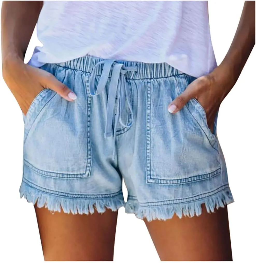 Women's Jean Shorts Stretchy High Waisted Crossover Sloping Waistband Denim Shorts Y2K Trendy Casual Summer Clothes