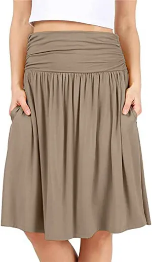 Womens Knee Length Skirts Summer Casual Pleated Flowy Skirt High Waist Solid Color Mini Skirts
