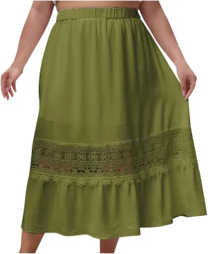 Women's Lace Patchwork Skirt Summer Elastic High Waist Pleated A-line Ruffle Skirts 2025 Fashion Boho Beach Skort