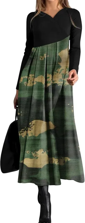 Womens Light Spring Long Sleeve Maxi Dresses Loose Fitted Camo Print V Neck Dress