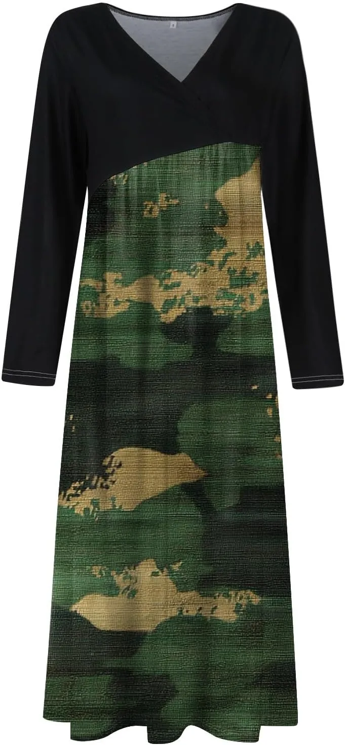 Womens Light Spring Long Sleeve Maxi Dresses Loose Fitted Camo Print V Neck Dress