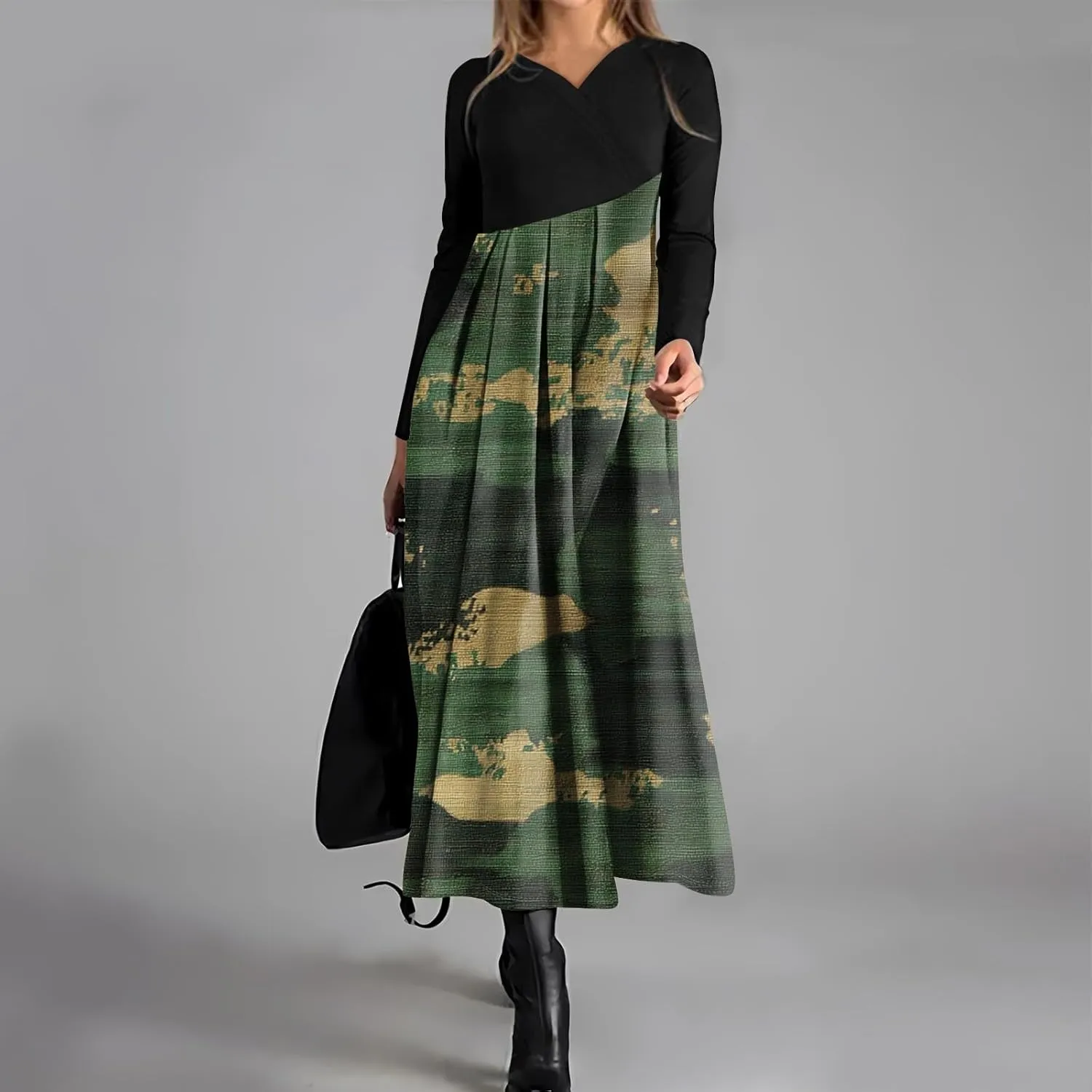 Womens Light Spring Long Sleeve Maxi Dresses Loose Fitted Camo Print V Neck Dress