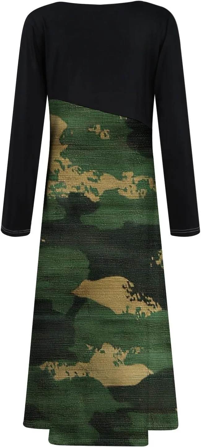 Womens Light Spring Long Sleeve Maxi Dresses Loose Fitted Camo Print V Neck Dress