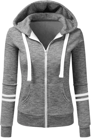 Womens Lightweight Hoodies Full-Zip Casual Hooded Jacket Color Block Slim Sweatshirt Long Sleeve Tops with Pockets